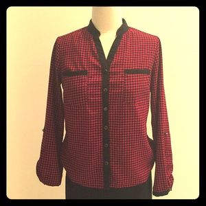 Burgundy Red & Black Houndstooth Patterned Blouse